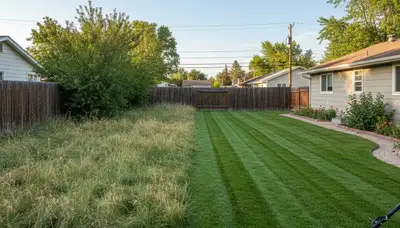Before and after lawn mowing transformation at a Denver, CO home by Chop Chop Landscaping