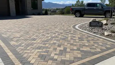 Completed interlocking paver driveway installation by professional landscapers in Denver, CO