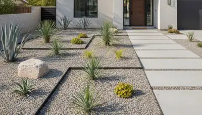 Modern pea gravel landscaping with geometric lines and architectural plants in Denver, CO