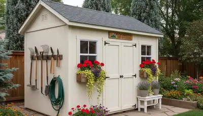 Decorative garden shed with custom landscaping design in Denver, CO by Chop Chop Landscaping