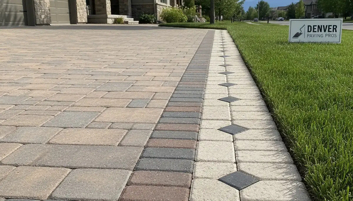 Decorative driveway paver border with soldier course edging by professional landscapers in Denver, CO