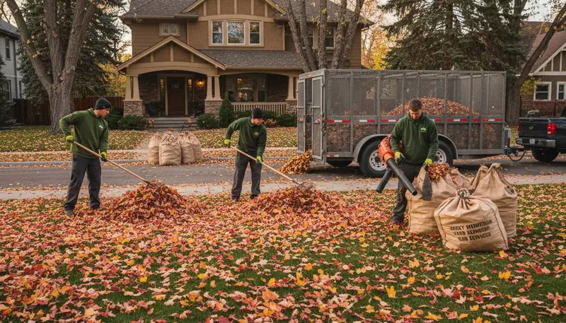 Landscapers performing fall leaf removal and yard clean up at a residential property in Denver, CO