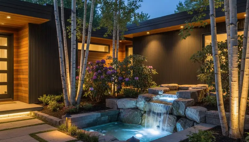 Professional landscape lighting highlighting water and architectural features in Denver, CO