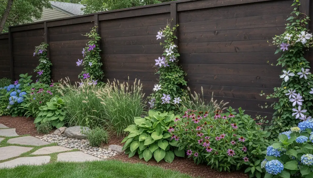 Fence with climbing plants and landscape beds by Chop Chop Landscaping in Denver, CO