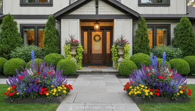 Symmetrical landscape design with vibrant flowers, shrubs in Denver, CO. Enhance curb appeal with Chop Chop Landscaping.