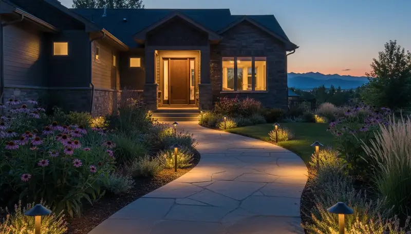 Illuminated stone walkway with professional landscape lighting at dusk in Denver, CO by Chop Chop Landscaping