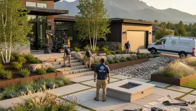Landscaping crew servicing a Denver, CO property with professional landscape maintenance tools