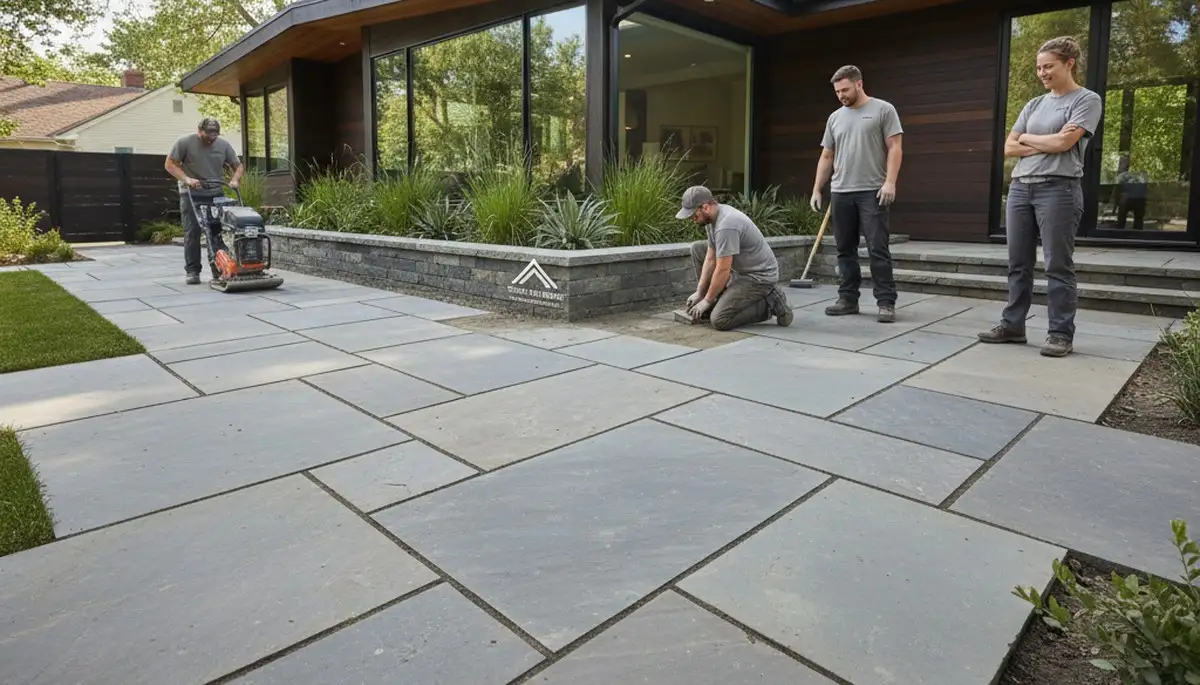 Modern large-format stone paver patio installation in Denver, CO by Chop Chop Landscaping