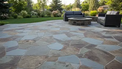 Flagstone patio with natural slate pavers installed by professional landscapers in Denver, CO