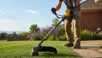 Technician performing precise lawn edging with string trimmer in Denver, CO yard maintenance scene