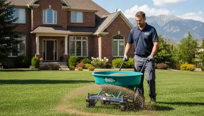 Lawn care technician applying fertilizer with spreader on residential lawn in Denver, CO