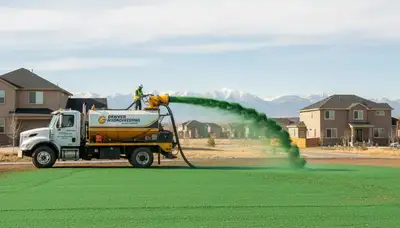Hydroseeder truck spraying green slurry on Denver lawn during professional hydroseeding service