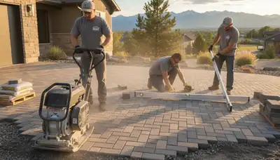 Technicians installing driveway pavers in Denver CO with precise leveling and base prep by Chop Chop Landscaping