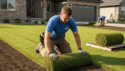 Professional landscaper installing fresh sod rolls on a Denver, CO lawn for expert landscaping results