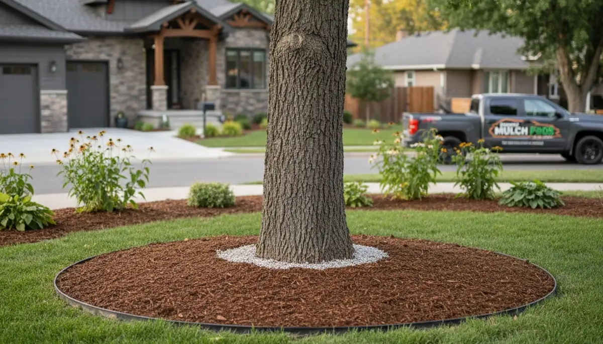 Professionally mulched tree ring around healthy tree base in Denver, CO landscape by Chop Chop Landscaping