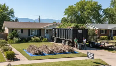 Technicians performing yard waste and branch removal at a residential property in Denver, CO
