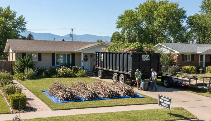 Technicians performing yard waste and branch removal at a residential property in Denver, CO