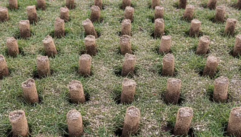 Close-up of soil core plugs after professional lawn aeration in Denver, CO turf by Chop Chop Landscaping