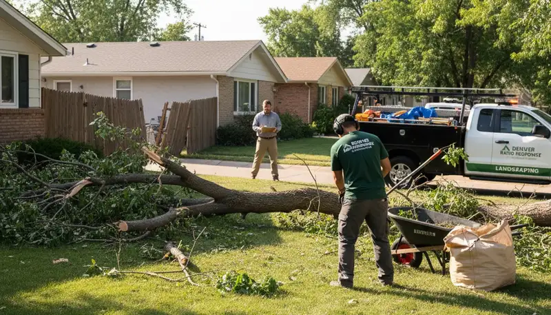 Technicians clearing storm debris during professional yard cleanup in Denver, CO landscaping service