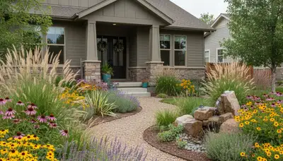 Sustainable native plant garden landscaping in Denver, CO with drought-tolerant, eco-friendly design
