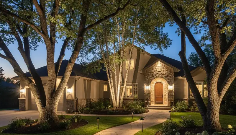Tree uplighting at night by Chop Chop Landscaping in Denver, CO showcasing elegant outdoor lighting design